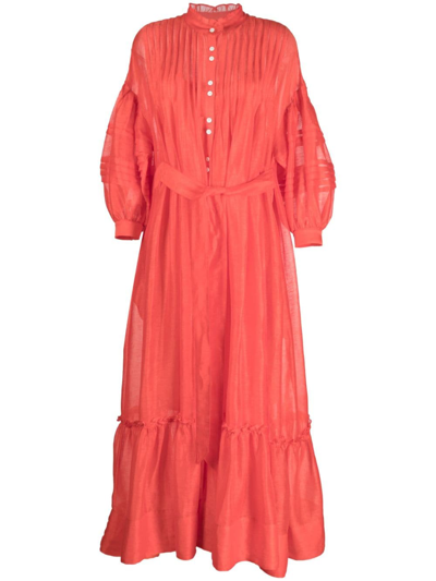 Shop Lee Mathews Puff-sleeve Pleated Maxi Dress In Red