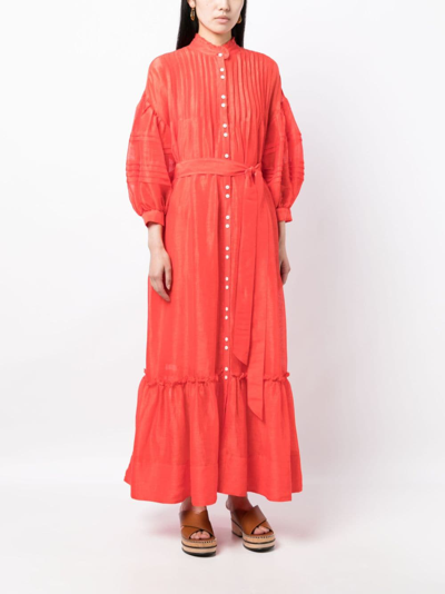 Shop Lee Mathews Puff-sleeve Pleated Maxi Dress In Red