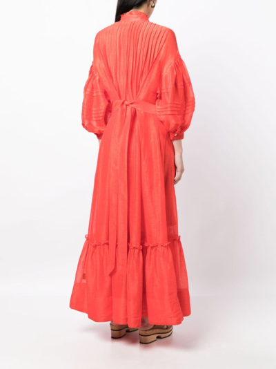 Shop Lee Mathews Puff-sleeve Pleated Maxi Dress In Red