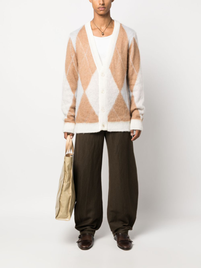 Shop Family First Argyle-pattern Crew-neck Cardigan In Neutrals