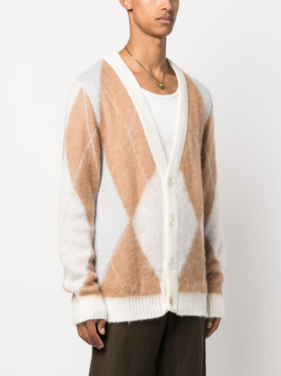 Shop Family First Argyle-pattern Crew-neck Cardigan In Neutrals