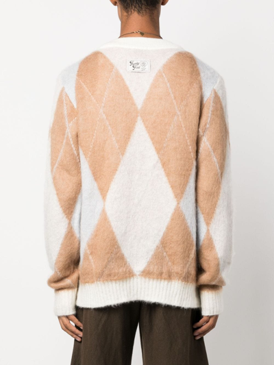 Shop Family First Argyle-pattern Crew-neck Cardigan In Neutrals