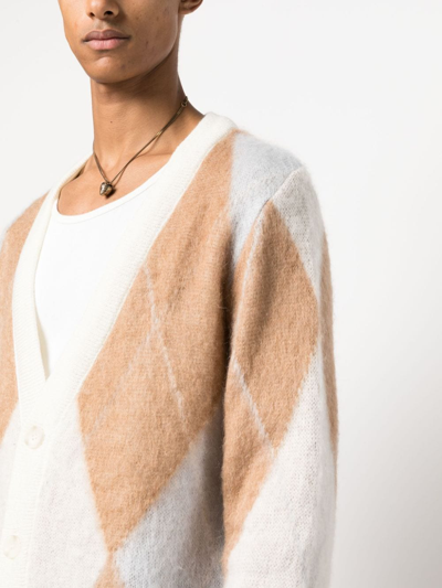 Shop Family First Argyle-pattern Crew-neck Cardigan In Neutrals