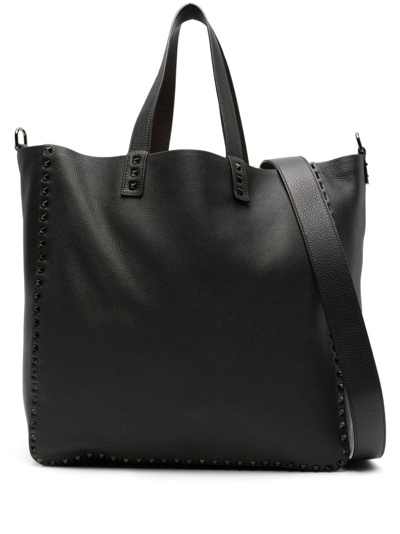 Shop Valentino Rockstud Double Leather Tote Bag In Black