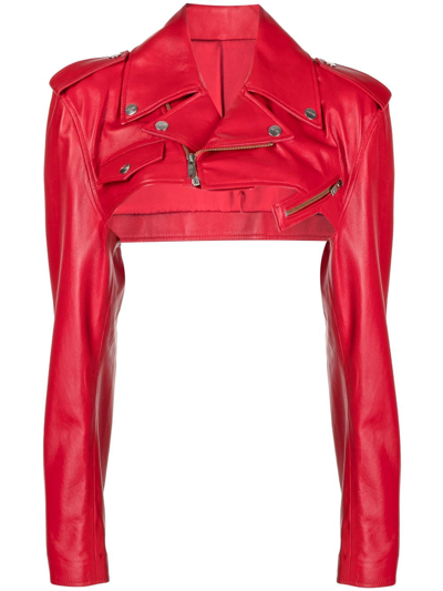 Shop Monse Cropped Double-belt Leather Jacket In Red