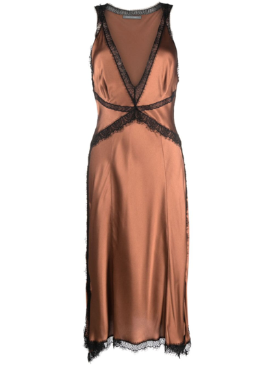 Shop Alberta Ferretti Lace-trim V-neck Midi Dress In Brown