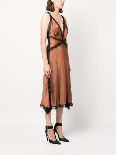 Shop Alberta Ferretti Lace-trim V-neck Midi Dress In Brown