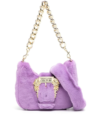 Shop Versace Jeans Couture Faux-fur Engraved-logo Shoulder Bag In Purple