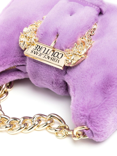 Shop Versace Jeans Couture Faux-fur Engraved-logo Shoulder Bag In Purple