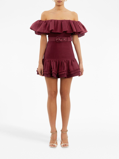 Shop Rebecca Vallance Off-shoulder Belted Mini Dress In Red