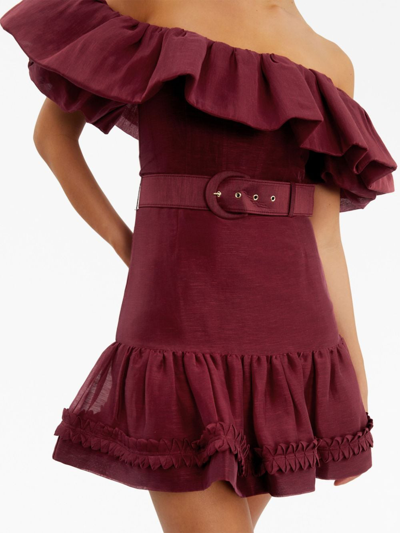 Shop Rebecca Vallance Off-shoulder Belted Mini Dress In Red
