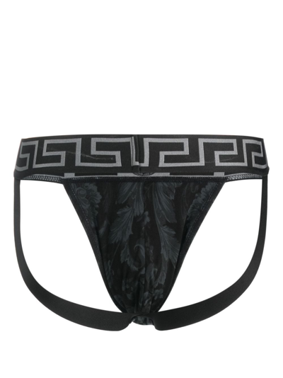 Shop Versace Barocco-print Cotton Jockstrap In Black