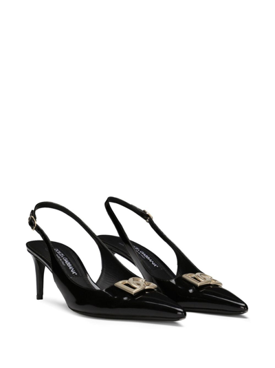Dolce & Gabbana Black Slingback With Plate Logo In Patent Leather Woman In Black