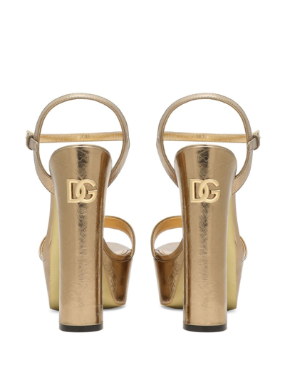 Shop Dolce & Gabbana 105mm Logo-plaque Leather Sandals In Gold