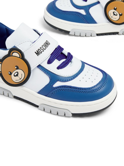 Shop Moschino Teddy Bear Leather Sneakers In Blue
