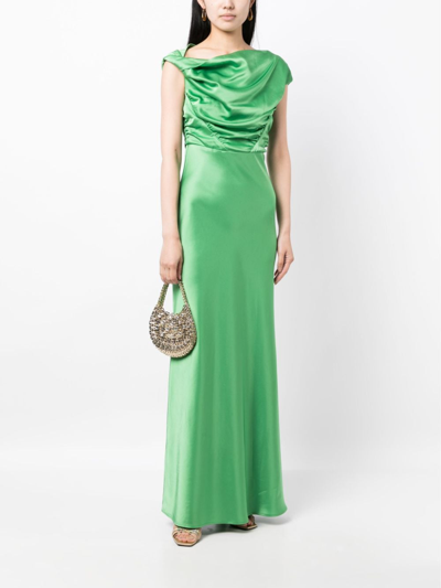 Shop Paris Georgia Davie Asymmetric Draped Satin Gown In Green