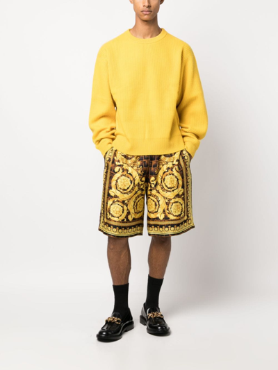 Versace Barocco-print Silk Shorts In Brown