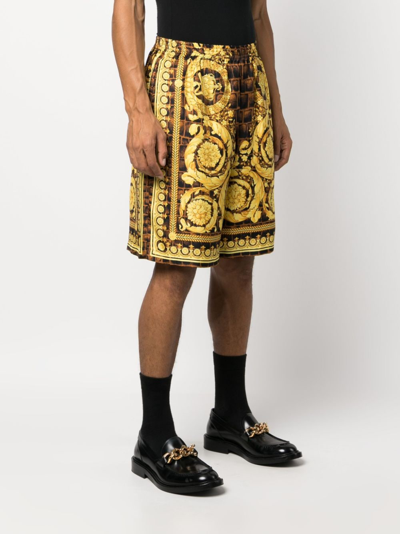 Versace Barocco-print Silk Shorts In Brown