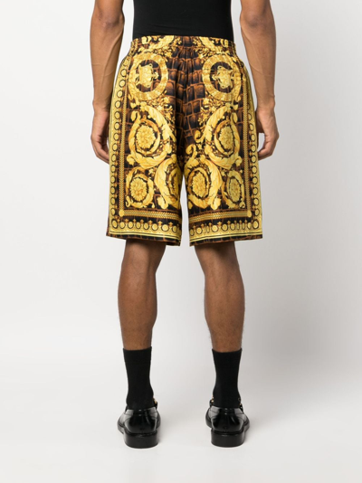 Shop Versace Baroccodile-print Silk Shorts In Brown