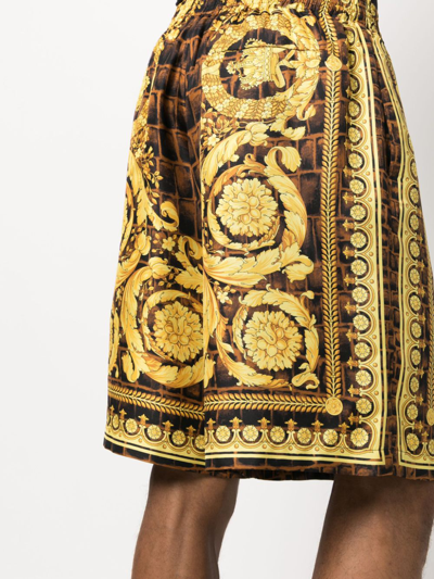 Shop Versace Baroccodile-print Silk Shorts In Brown