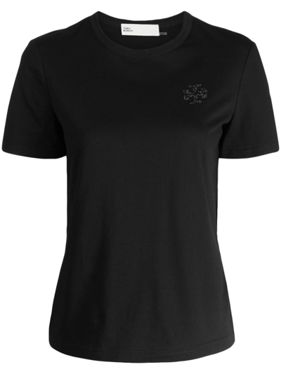 Shop Tory Burch Logo-embellished Cotton T-shirt In Black