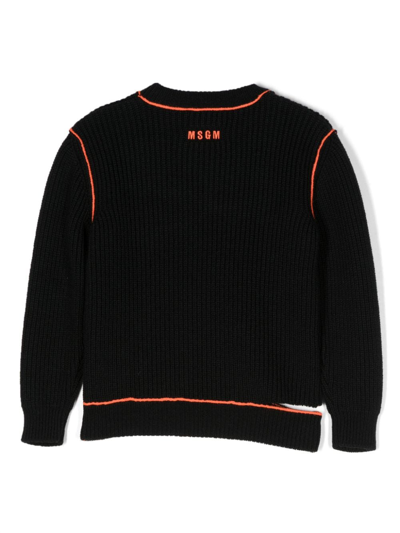 Shop Msgm Logo-embroidered Distressed Chunky-knit Jumper In Black