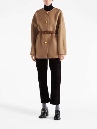 Prada Belted Wool Coat In Brown