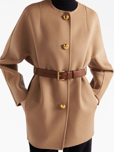Prada Belted Wool Coat In Brown