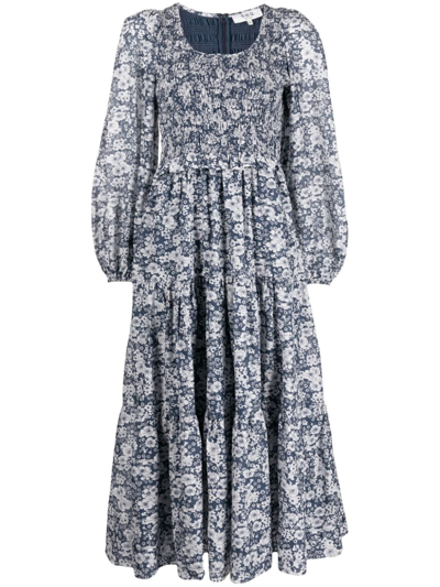 Shop Sea Floral-print Cotton Midi Dress In Blue
