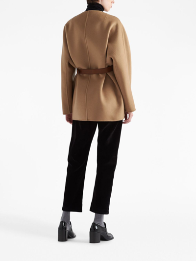 Prada Belted Wool Coat In Brown