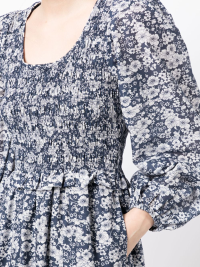 Shop Sea Floral-print Cotton Midi Dress In Blue