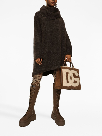 Shop Dolce & Gabbana Logo-embroidered Shearling-detail Bag In Brown