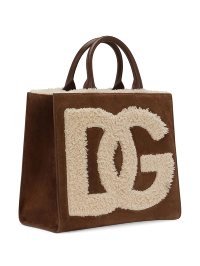 Shop Dolce & Gabbana Logo-embroidered Shearling-detail Bag In Brown