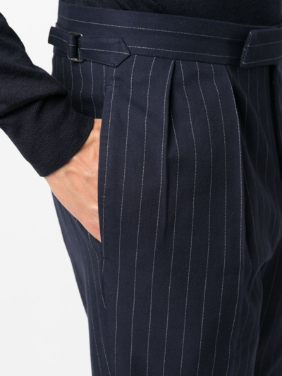 Shop Polo Ralph Lauren Pinstripe-pattern Slim-cut Trousers In Blue