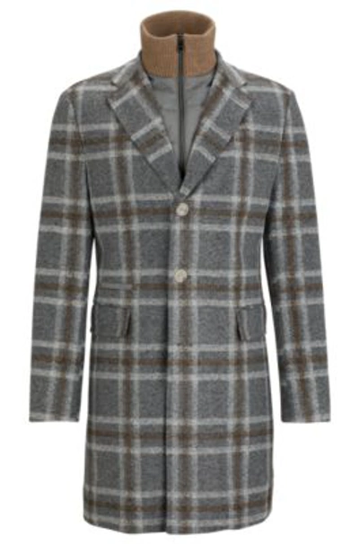 Hugo Boss Hyde Plaid Notch Lapel Coat With Removable Dickey In Grey