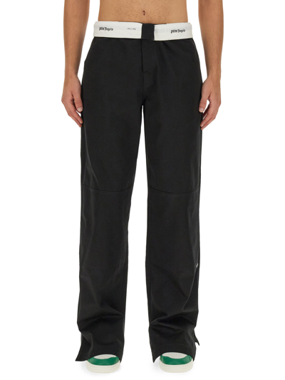 Palm Angels Contrasting-waistband Tapered Trousers In Black