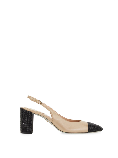 Shop René Caovilla Sling Back With Rhinestones In Beige