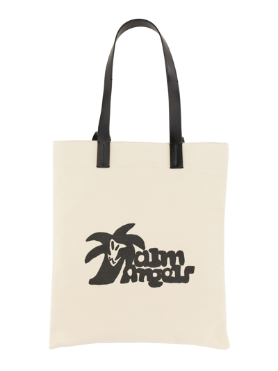 Shop Palm Angels Cotton Canvas Shopping Bag In Bianco