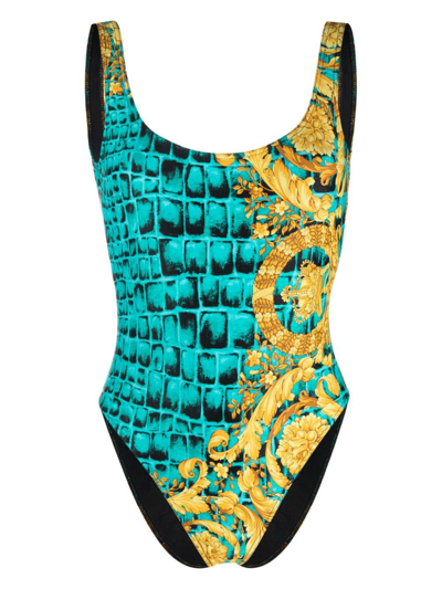 Shop Versace Baroccodile-print Open-back Swimsuit In Green