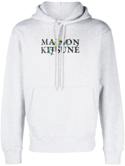 Shop Maison Kitsuné Logo-print Drawstring Cotton Hoodie In Grau
