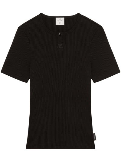 Shop Courrèges Logo-embroidered Ribbed Jersey T-shirt In Schwarz