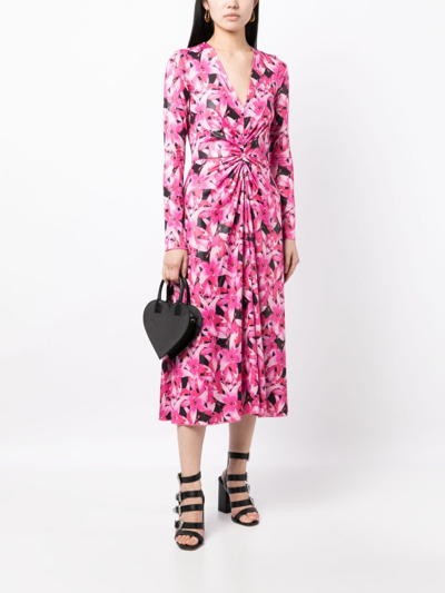 Shop Rotate Birger Christensen Floral-print Ruched Midi Dress In Rosa