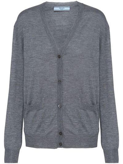 Prada Crystal-button Cashmere Cardigan In Grey