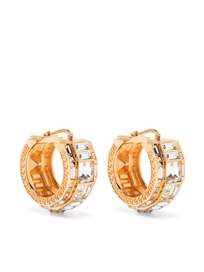 Shop Versace La Greca Embellished Hoop Earrings In Gold