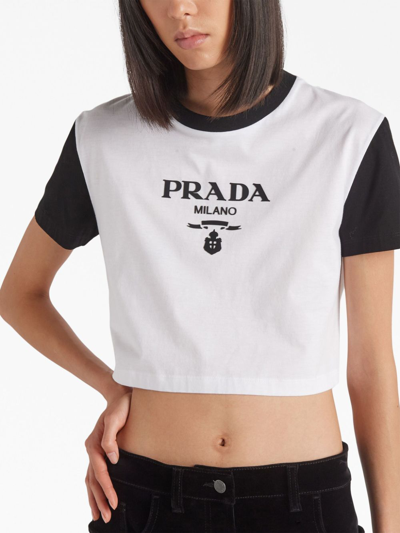Shop Prada Logo-print Cropped T-shirt In Weiss