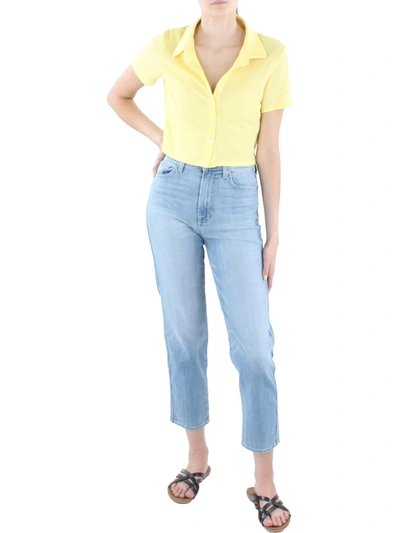 Shop Ultra Flirt Juniors Womens Knit Short Sleeves Button-down Top In Yellow