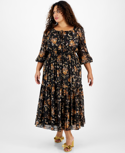 Shop Taylor Plus Size Printed Smocked-waist Chiffon Dress In Black Cider