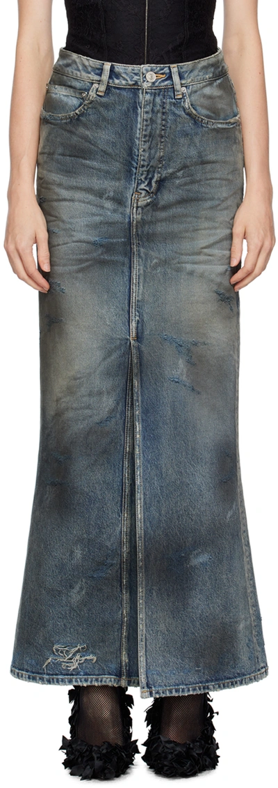 Shop Balenciaga Blue Distressed Denim Maxi Skirt In 4974 Dirty Pale Blue