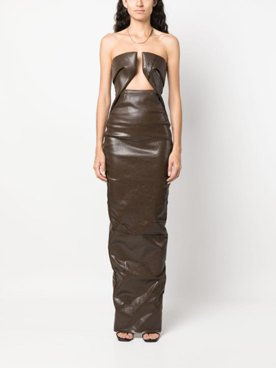 Rick Owens Strapless Coated Denim Gown In Brown