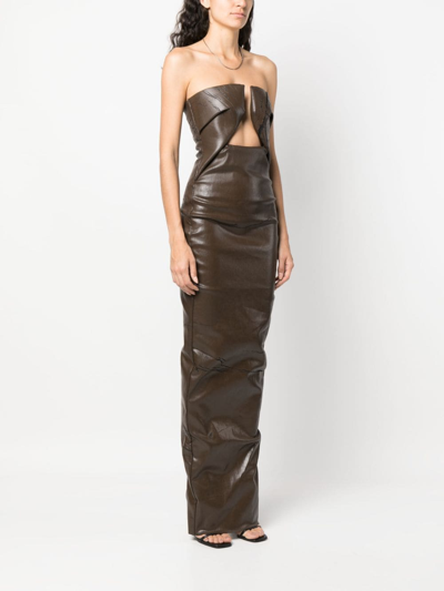 Rick Owens Strapless Coated Denim Gown In Brown